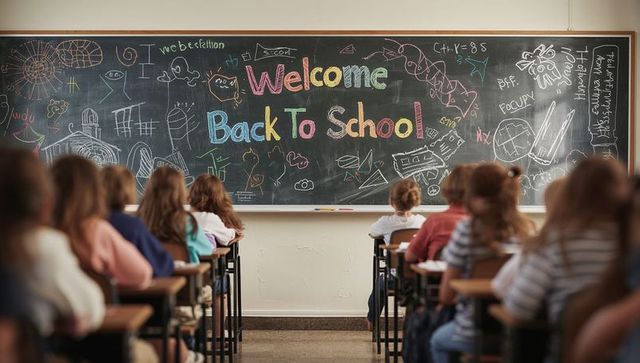Chalkboard welcome back to school with enthusiastic classroom ambiance