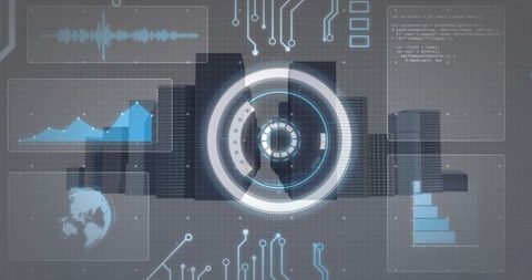 Rotating Futuristic HUD Overlaying Urban Skyline with Data Charts and Globe