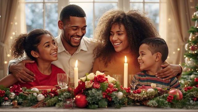 Happy Family Celebrating Christmas Around Decorated Dinner Table