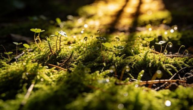 Sunlit green moss carpet with dew-dropped sporophytes catching golden backlight