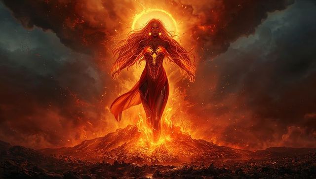 Epic Fiery Goddess Summoning Volcanic Energy with Flaming Halo