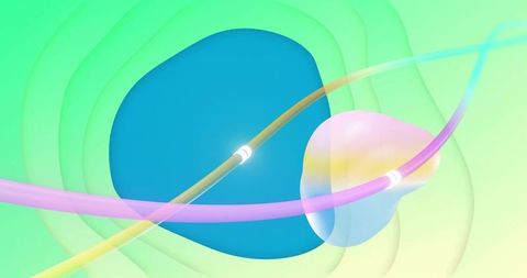 Floating cyan biomorphic shape with translucent orb and neon ribbons, green gradient