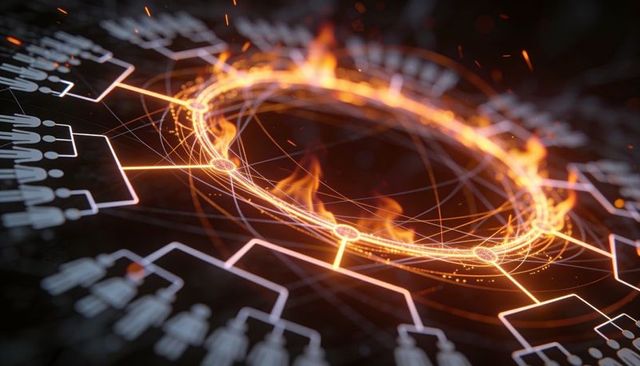 Pulsing Fiery Network Ring Visualizing Cybersecurity Node Connections and Data Flow