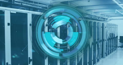 Futuristic Digital Interface Overlaying Server Room