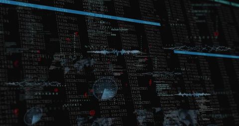 Dark cyber operations dashboard visualizing redacted logs telemetry streams network nodes