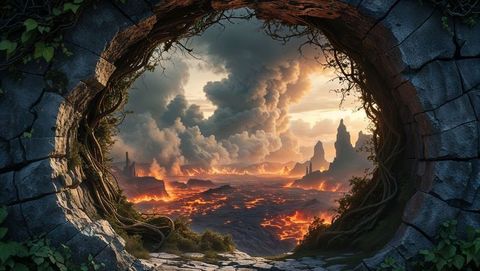 Volcanic hell landscape view through circular stone portal