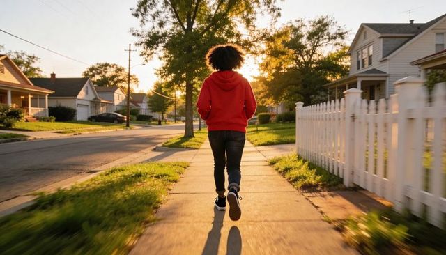 Teenager walking at golden hour in red hoodie along white picket fence suburban street