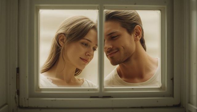 Romantic couple gazing through multi-pane window, intimate backlit soft morning light