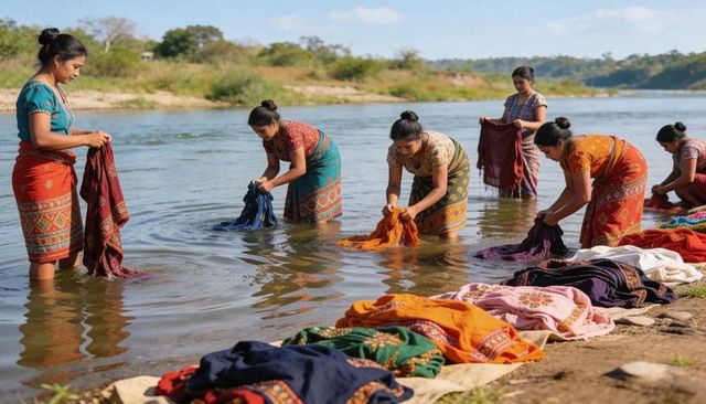 Women washing colorful sarongs at riverside, traditional hand-laundry and community ritual