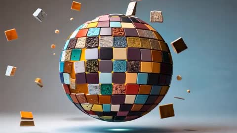Abstract Spherical Mosaic Rotating with Colorful Tiles and Inner Glow