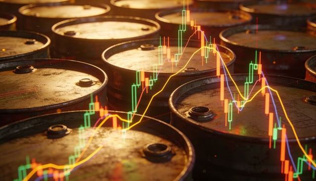 Crude oil price fluctuations overlaying rusted steel barrels under warm light