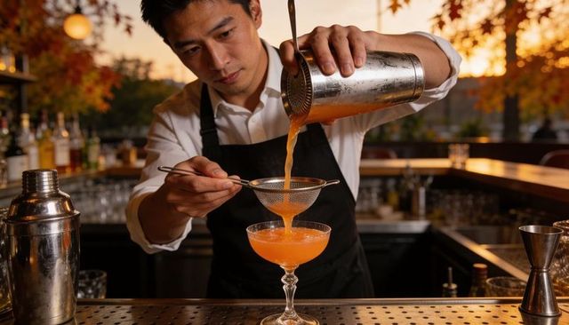 Professional bartender straining orange cocktail into coupe during golden hour at bar