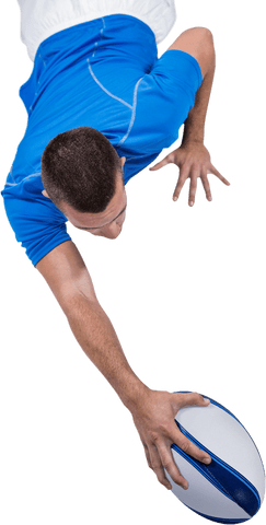 Rugby Player Reaching for Rugby Ball in Blue Kit Transparent Background