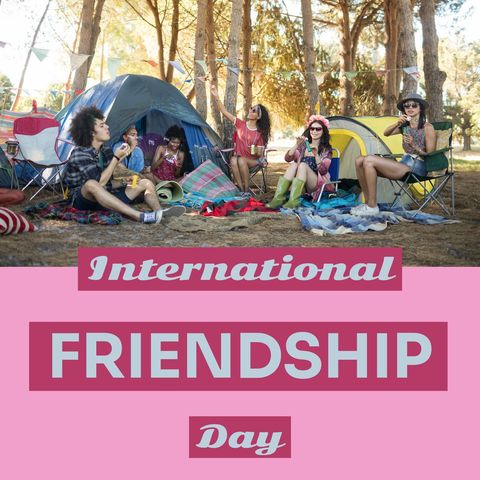 diverse friends celebrating international friendship day at campsite - Download Free Stock Templates Pikwizard.com
