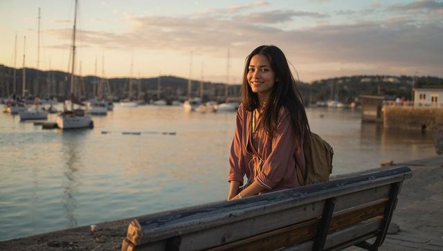 Woman sitting on marina bench at sunset wearing mauve blouse and backpack
