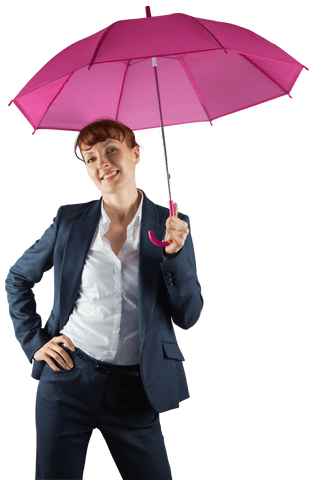 Smiling businesswoman with pink umbrella on transparent background