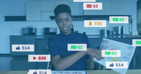 Woman presenting pie chart with social media engagement badges and marketing analytics