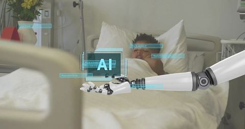 Robotic arm delivering ai-assisted pediatric care with holographic interface in hospital bed