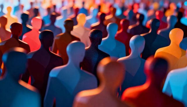 Central dark figure standing among vibrant mannequin crowd, dramatic colored lighting