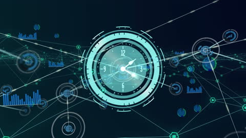 Futuristic Clock Overlay on Digital Network Background