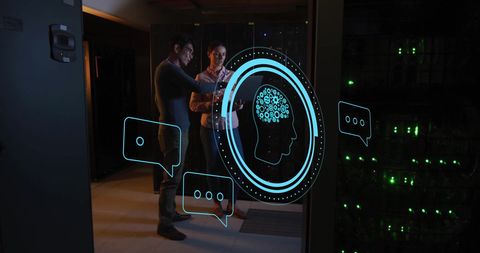 Technicians Analyzing AI Data in Dimly Lit Server Room