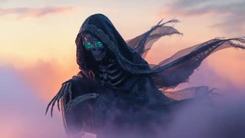Skeleton in Cloak Emerging from Mist at Dusk
