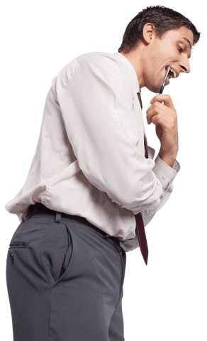Thoughtful Businessman Holding Pen to Chin Transparent Background