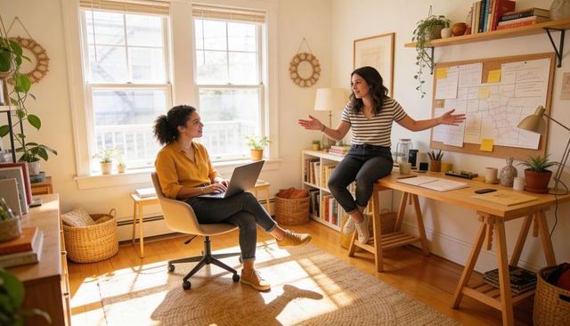 Sunlit home office collaboration: two women brainstorming with laptop and planning board