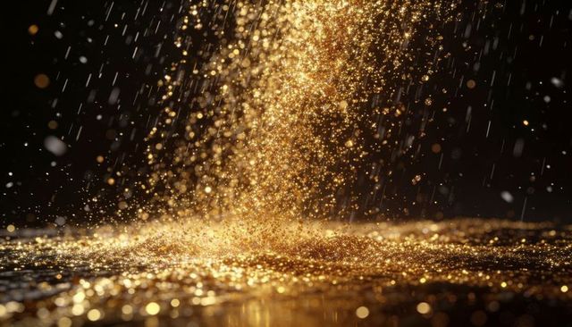Golden glitter cascade falling onto glossy surface with bokeh sparkle and reflections