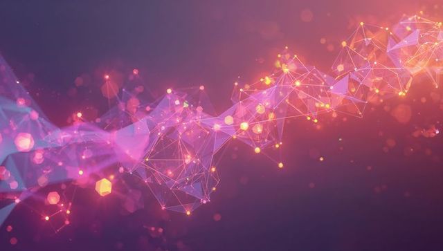 Connecting glowing neural network ribbon forming neon mesh and data nodes on digital wave