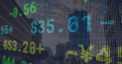 Digital Display of Financial Statistics Over Urban Skyline