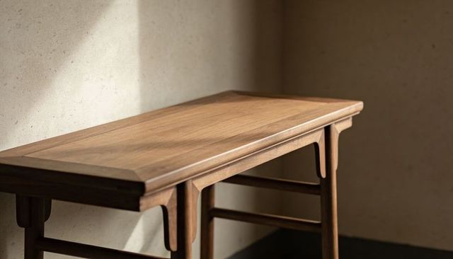 Sunlit walnut console table in minimal corner showing warm grain and soft plaster shadows