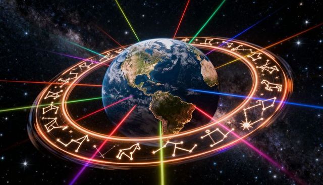 Rotating earth with glowing zodiac ring, neon laser beams over milky way, americas view