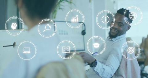 Smiling Professional Learning with Strategic Icons in Modern Office