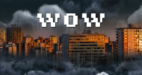 Pixelated WOW Text Over Urban Sunset Skyline