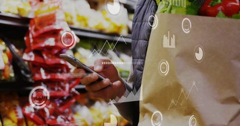 Shopper checking phone with mobile app overlay in grocery aisle holding paper bag