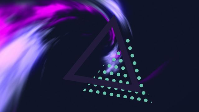 This vibrant, futuristic design features a digitally generated display of neon purple and blue glares swirling around a geometric triangle pattern set against a dark background. The compelling mix of light and shapes creates a modernistic feel, making it ideal for use in tech-oriented webinars, background for music videos, digital presentations, or any marketing materials aiming to convey innovation or modern technology advancement.