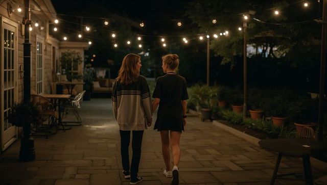 Two women walking hand in hand under string lights on cozy nighttime courtyard patio