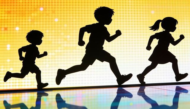 Silhouetted children running across glossy led stage with warm gradient and reflections