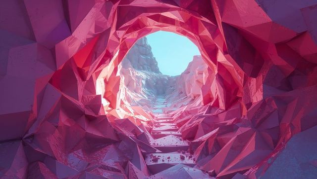 Low-poly faceted cavern shaft ascending toward circular sky opening with stepped pathway