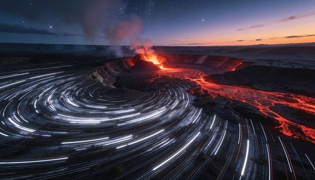 Erupting crater pouring molten lava across basalt plain with swirling light trails at dusk