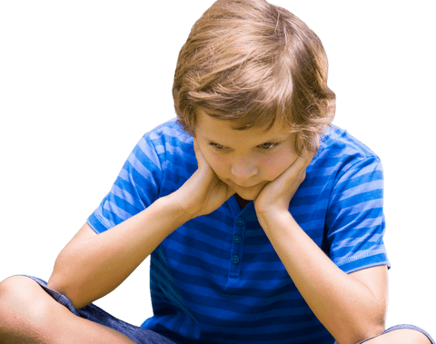 Tensed Boy Sitting and Looking Down on Transparent Background