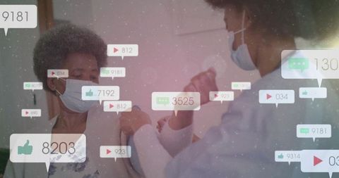 Nurse vaccinating senior woman wearing mask with social media engagement overlays, healthcare