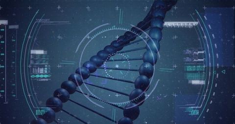 Futuristic DNA Helix on Digital Interface with HUD Visualization