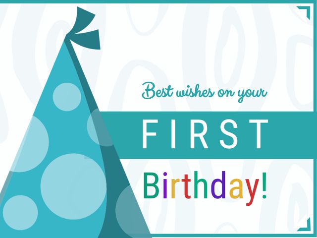 This image features a cheerful illustration of a blue party hat with 'Best wishes on your First Birthday' text. Ideal for use on greeting cards, birthday invitations, or party decorations celebrating a child's first birthday. The vibrant, playful design makes it perfect for creating a joyful and festive atmosphere.