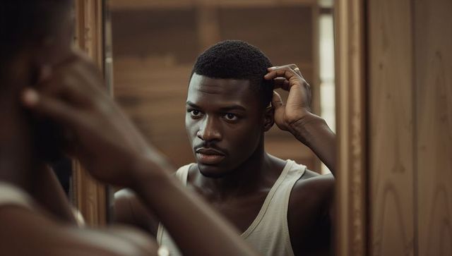 Young black man grooming hair in wood-paneled mirror, intimate bathroom portrait closeup
