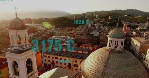 Historic European Cityscape with Currency Overlay at Sunset