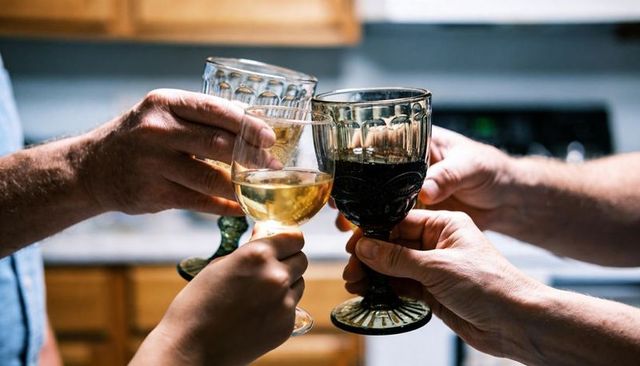 Friends toasting with mixed wine glasses in cozy kitchen gathering