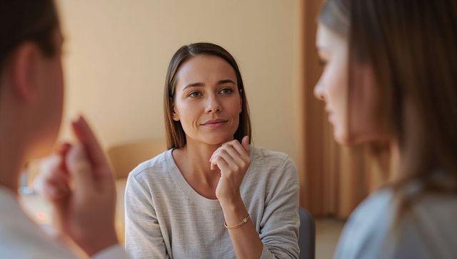 Thoughtful woman listening during intimate group conversation in warm living room