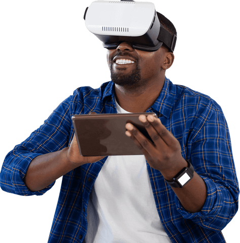 Man Engaging with Virtual Reality Using Headset and Digital Tablet, Transparent Background - Download Free Stock Videos Pikwizard.com